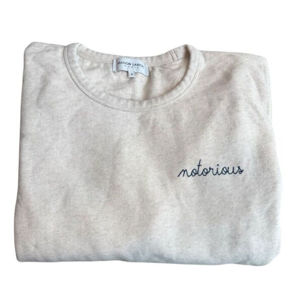 Maison Labiche M Notorious Embroidered Crewneck Sweatshirt Beige Navy‎ Cotton